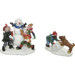 Lumineo kerstdorp figuurtjes - sneeuwpop en hondje - polyresin - Kerstdorpen