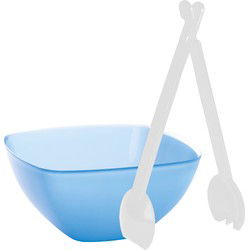 Serveerschaal/slakom - blauw - kunststof - 22,5 cm - met sla bestek/couvert - Serveerschalen