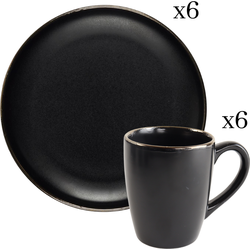 OTIX Koffiekopjes met Ontbijtborden - 6 persoons - 12-delig - Koffietassen - Met Oor - 350ml - Zwart met Gouden Rand - Keramiek - 20cm