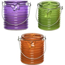 Citronella windlicht met kaars - 3x - paars/groen en oranje - 20 branduren - citrusgeur - geurkaarsen