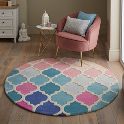 Rond Ã˜ 160 Cm Reverie vloerkleed - Laagpolig - 100% Wol - Barok Design Modern - Roze / Blauw - 160 X 160 CM Rond