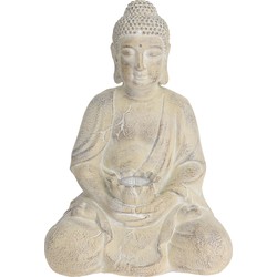 1x Boeddha beeld creme met solar verlichting 44 cm - Tuinbeelden