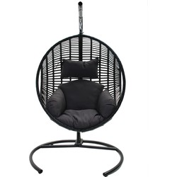 24Designs Relax Hangstoel Ibiza 1-Persoons Egg Chair - Zwart Vlechtwerk + Donkergrijs Kussens