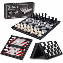 Allerion 3-in-1 Schaakbord Set - Schaken, Dammen, Backgammon - Schaakbord - Reis Spel - 25cm x 25cm