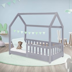 Kinderbed met uitvalbeveiliging lattenbodem en dak 70x140 cm Lichtgrijs grenenhout ML-Design