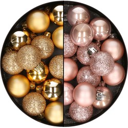 28x stuks kleine kunststof kerstballen zachtroze en goud 3 cm - Kerstbal