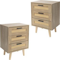 Nachtkastje set van 2 45x34x63 cm eiken bijzettafel met 3 laden en rotan front & massief houten poten ML design