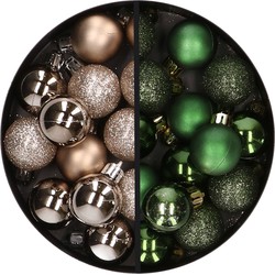 34x stuks kunststof kerstballen champagne en donkergroen 3 cm - Kerstbal