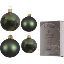 Glazen kerstballen pakket donkergroen glans/mat 38x stuks 4 en 6 cm inclusief haakjes - Kerstbal
