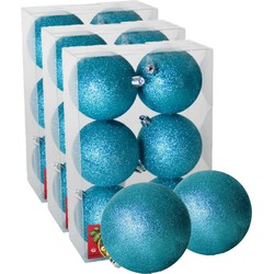 18x stuks kerstballen ijsblauw glitters kunststof 8 cm - Kerstbal