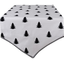 Clayre & Eef Tafelloper Kerst  50x160 cm Wit Zwart Katoen Kerstbomen Tafelkleed