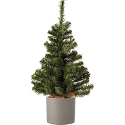 Volle mini kerstboom groen in jute zak 60 cm inclusief taupe pot - Kunstkerstboom