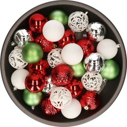 Kerstballen 37x stuks wit/rood/groen/zilver kunststof 6cm - Kerstbal