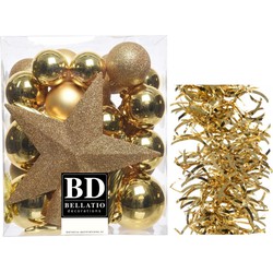 Kerstversiering kerstballen 5-6-8 cm met ster piek en golf slingers pakket goud van 35x stuks - Kerstbal