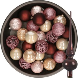 37x stuks kunststof kerstballen 6 cm incl. glazen piek roze en bruin tinten - Kerstbal