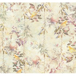 Sanders & Sanders fotobehang bloemen en vogels geel en beige - 300 x 280 cm - 612413