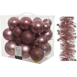 Kerstversiering kunststof kerstballen 6-8-10 cm met sterren slingers pakket oud roze van 28x stuks - Kerstbal