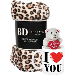 Valentijn cadeau set - Fleece plaid/deken luipaard print met I love you mok en beertje - Plaids