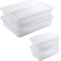 4x Voedsel plastic bewaarbakjes hoog/diep 1 en laag 2 liter transparant - Vershoudbakjes