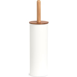 WC/Toiletborstel in houder - bamboe hout/metaal - wit - H38 x D10 cm - Toiletborstels