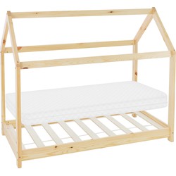 Kinderbed huisbed 70x140 cm van grenenhout incl. matras H-10cm houten bed met dak en lattenbodem ML design