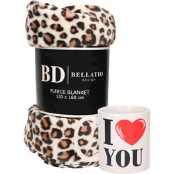 Valentijn cadeau set - Fleece plaid/deken luipaard print met I love you mok - Plaids