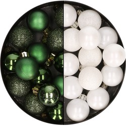 28x stuks kleine kunststof kerstballen wit en dennengroen 3 cm - Kerstbal