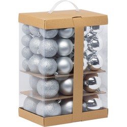 Feeric Christmas Kerstballen - 60x st - 4, 6, 7 en 8 cm - zilver - kunststof - Kerstbal