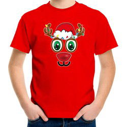 Bellatio Decorations kerst t-shirt voor kinderen - Rudolf gezicht - rendier - rood S (110-116) - kerst t-shirts kind