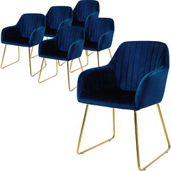 Eetkamerstoel set van 6 Gevoerde quilting met rugleuning en armleuningen Blauwe keukenstoel met microvezel fluwelen bekleding & goudkleurige metalen poten ML design