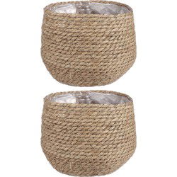 Mica Decorations Bloempot - 2x - rotan - beige - jute - 22 x 19 cm - Plantenpotten