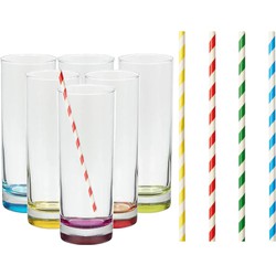 Set van 6x longdrinkglazen en 100x duurzame rietjes papier - 310 ml - Longdrinkglazen