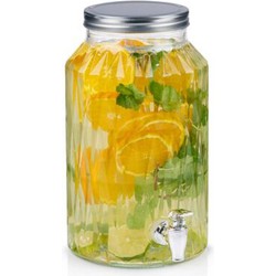 Drank/water/sap dispenser Beverages - 5.5 Liter - bewerkt deco glas - tapkraan/deksel - zilver - Drankdispensers