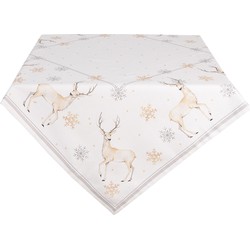 Clayre & Eef Tafelkleed  100x100 cm Wit Beige Katoen Vierkant Hert en Kerst Tafellaken