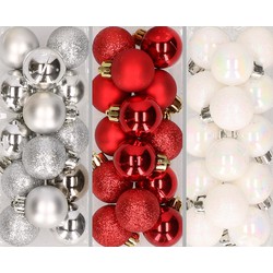 42x stuks kleine kunststof kerstballen rood, wit en zilver 3 cm - Kerstbal