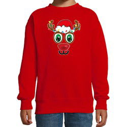 Bellatio Decorations kersttrui/sweater voor kinderen - Rudolf gezicht - rendier - rood 14-15 jaar (170/176) - kerst truien kind