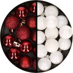 34x stuks kunststof kerstballen donkerrood en wit 3 cm - Kerstbal