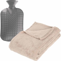 Fleece deken/plaid Licht Beige 125 x 150 cm en een warmwater kruik 2 liter - Plaids