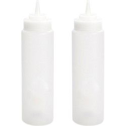 Plasticforte Doseerfles/sausfles - 2x - kunststof - transparant - met schenktuit - 500 ml - 23 cm - Maatbekers