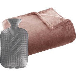 Fleece deken/plaid Oud Roze 125 x 150 cm en een warmwater kruik 2 liter - Plaids