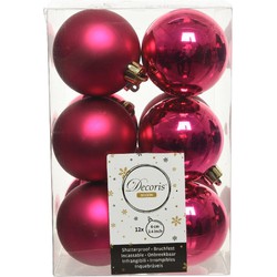 12x Kunststof kerstballen glanzend/mat bessen roze 6 cm kerstboom versiering/decoratie - Kerstbal