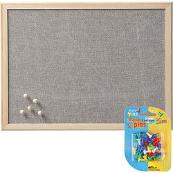 Prikbord incl. 25x punaises gekleurd - 40 x 60 cm - grijs - textiel - Prikborden