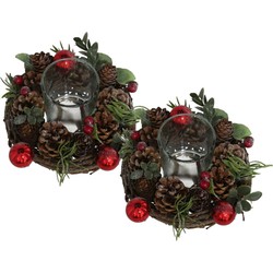 Set van 2x stuks kerst thema kaarsenhouders ornamenten red/green nature 16 cm - Waxinelichtjeshouders