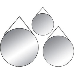 Set van 3x spiegels/wandspiegels rond metaal zwart met ketting - Spiegels