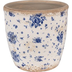 Clayre & Eef Bloempot  Ø 16x16 cm Beige Blauw Keramiek Roosjes Bloempot Binnen