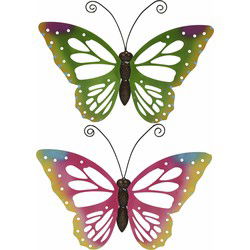 Tuindecoratie vlinders - 2x - metaal - groen en roze - 51 x 38 cm - Tuinbeelden