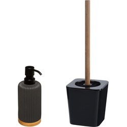 WC-/toiletborstel en houder kunststof zwart - met zeeppompje 270 ml - Badkameraccessoireset