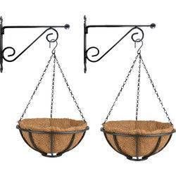 Set van 2x stuks Hanging baskets 30 cm met muurhaken - metaal - complete hangmand set - Plantenbakken