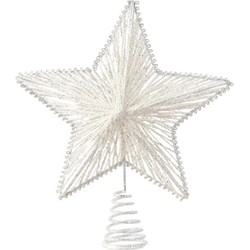 Decoris Kerst piek - ster vorm - wit - glitters - 25 cm - ijzer - kerstboompieken