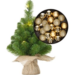 Mini kerstboom/kunstboom met verlichting 45 cm en inclusief kerstballen goud - Kunstkerstboom